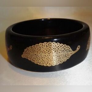 Vintage Black Lucite Bangle with Gold Leaf Design